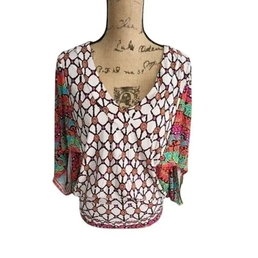 Trina Turk Geometric Mosaic Print Kimono Sleeve V-Neck Mini Dress Swim Multi XS